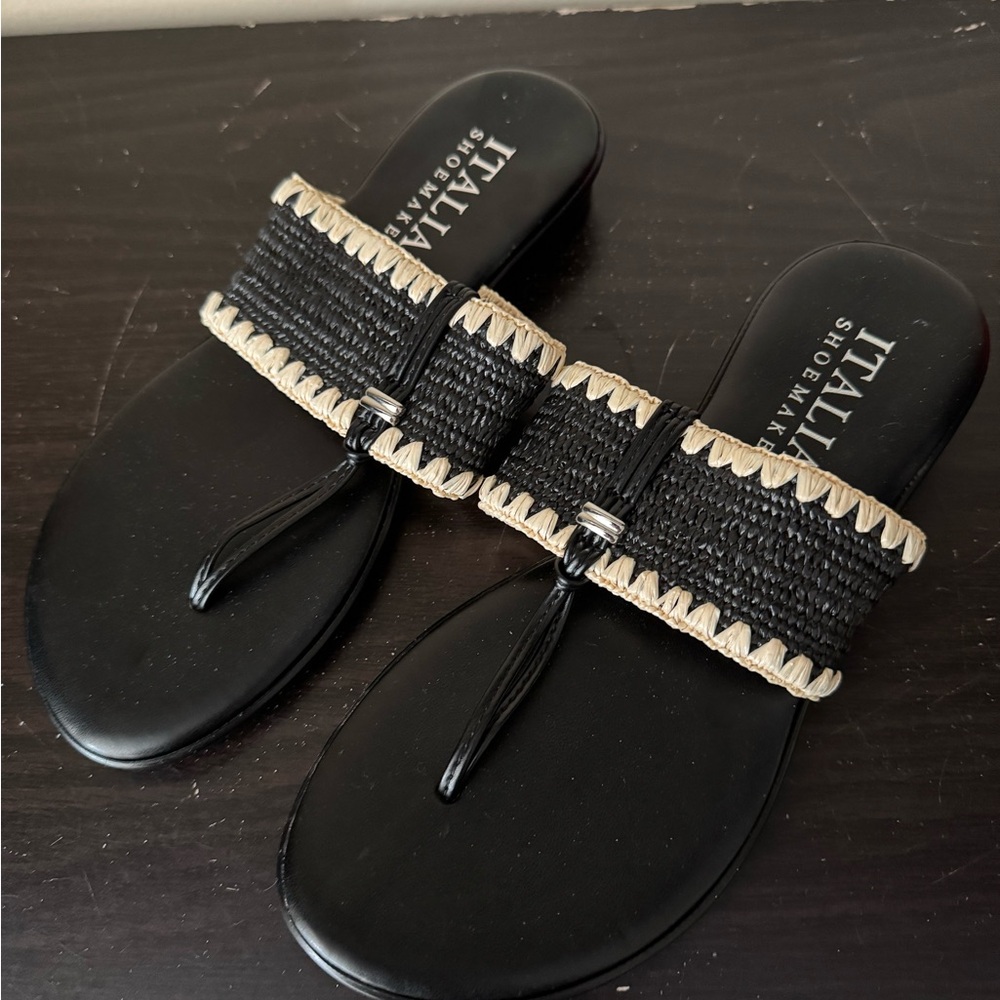 Italian Shoemakers Black and Tan Sandals with Metallic Accents